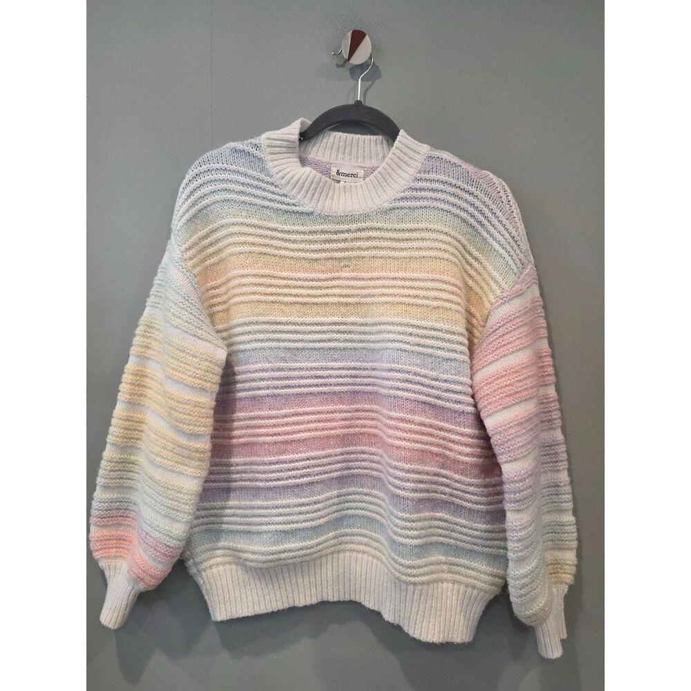 &merci Pastel Rainbow Striped Chunky Knit Sweater Oversized LG Balloon Sleeve